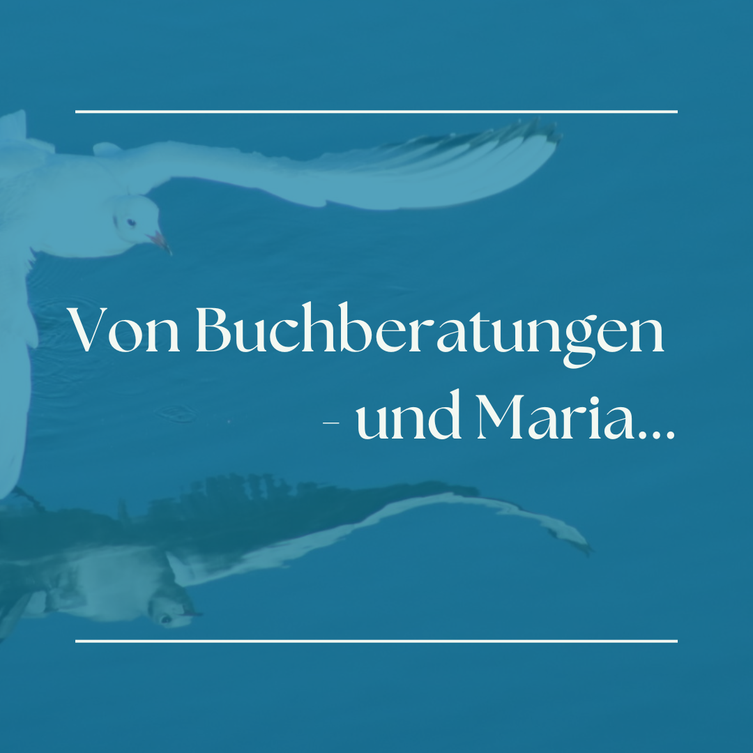 Textgrafik: "Von Buchberatungen und Maria" mit untergelegtem Bild von einer Möwe, die sich im Wasser spiegelt.
